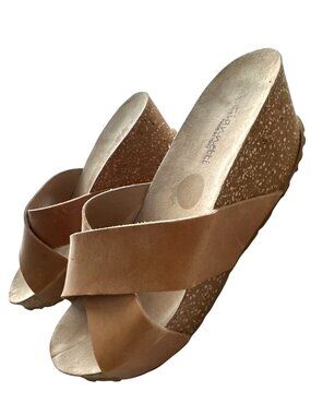A. Giannetti Leather Slip On Wedge Sandals Tan Cork Heel Criss-Cross Straps 8.5